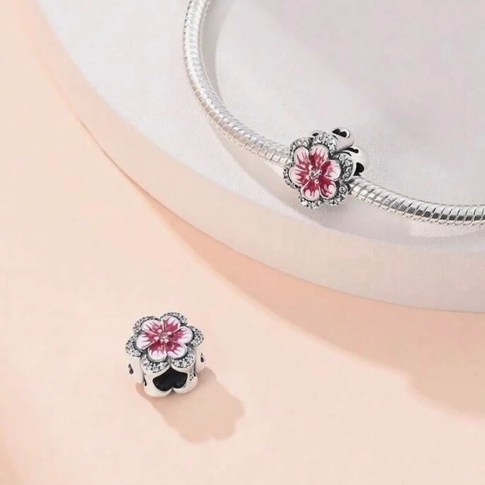 Sterling Silver 925 Pink Flower Charm with CZ Crystals